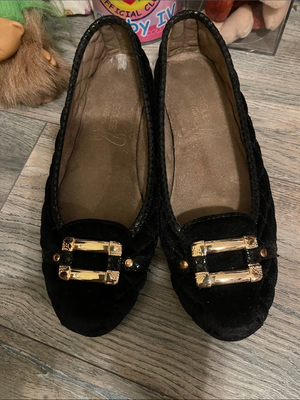 Women's Black Velvet Loafers with Gold Buckle Accent